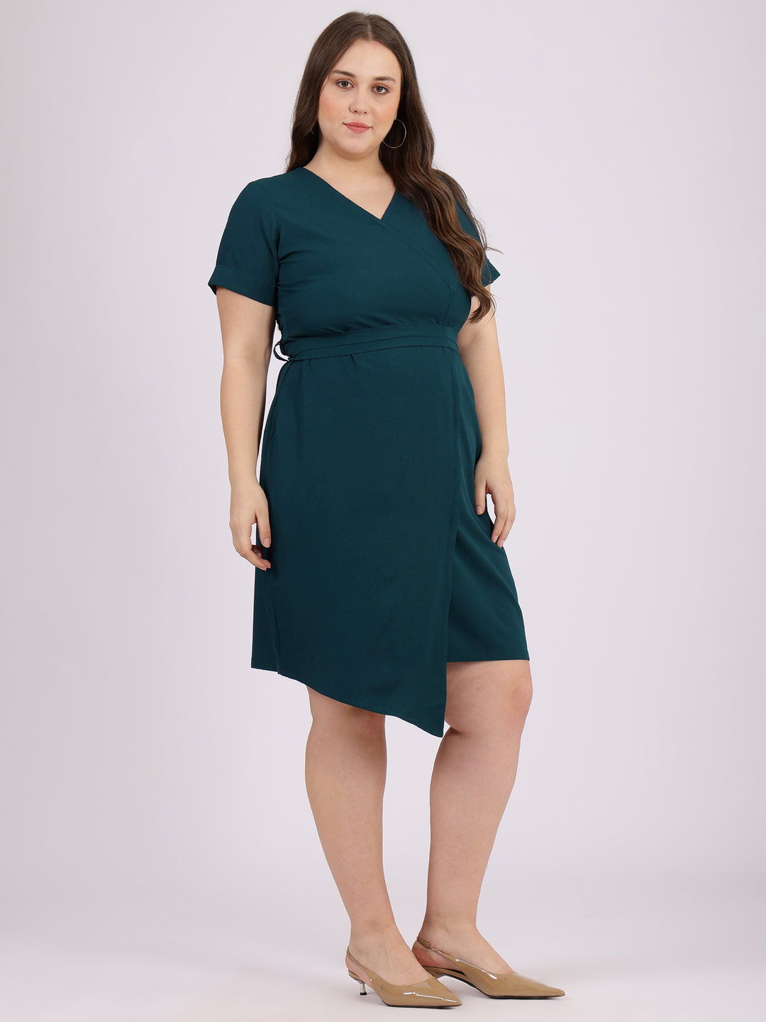 Teal Color Bodycon V-Neck Evening Wear Dress For Plus Size