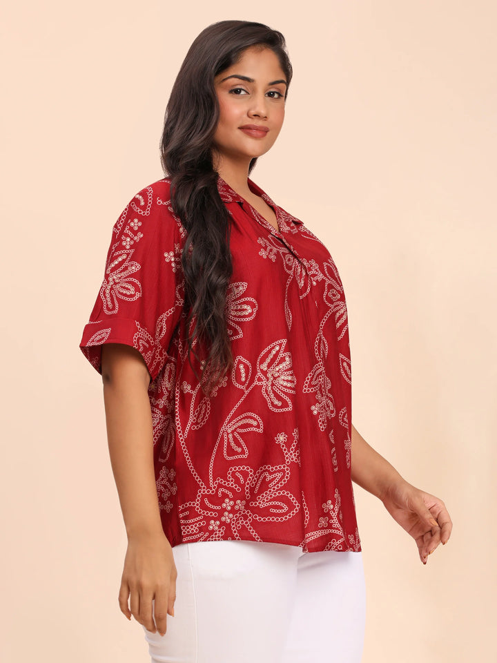 Maroon bandhani top design with collar