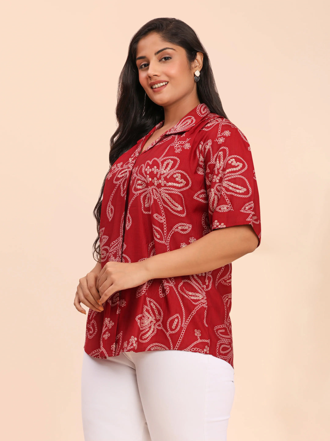 Maroon bandhani top design with collar