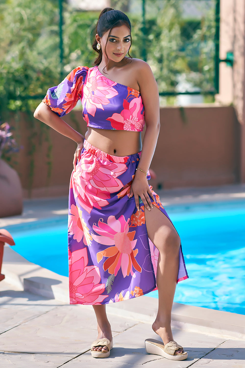 Tropical co-ord purple swim wear sarong with one-shoulder top