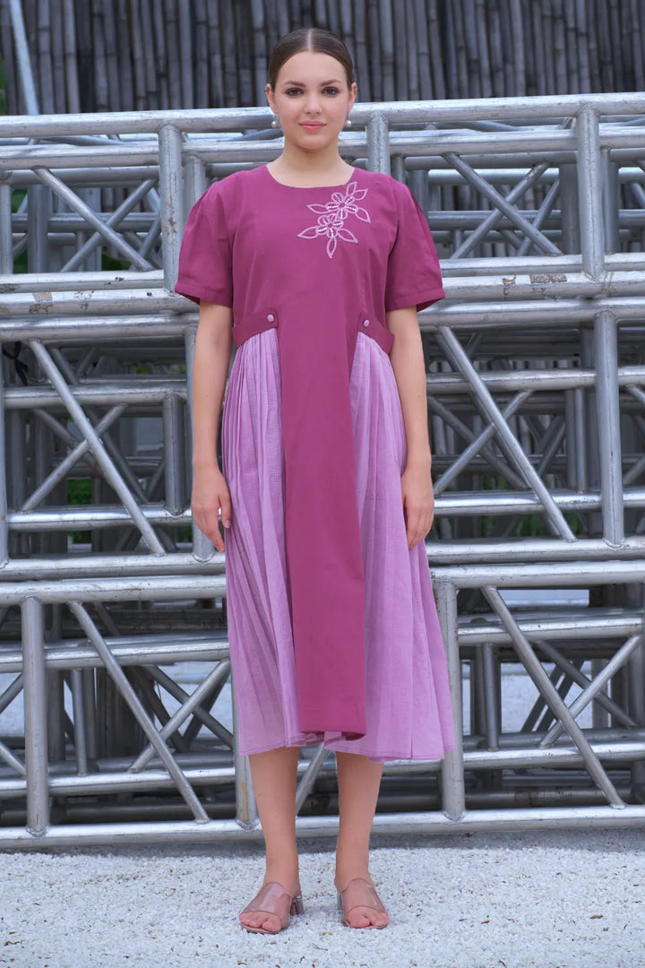 Two Toned Pink Cotton Dress For Plus Size Women