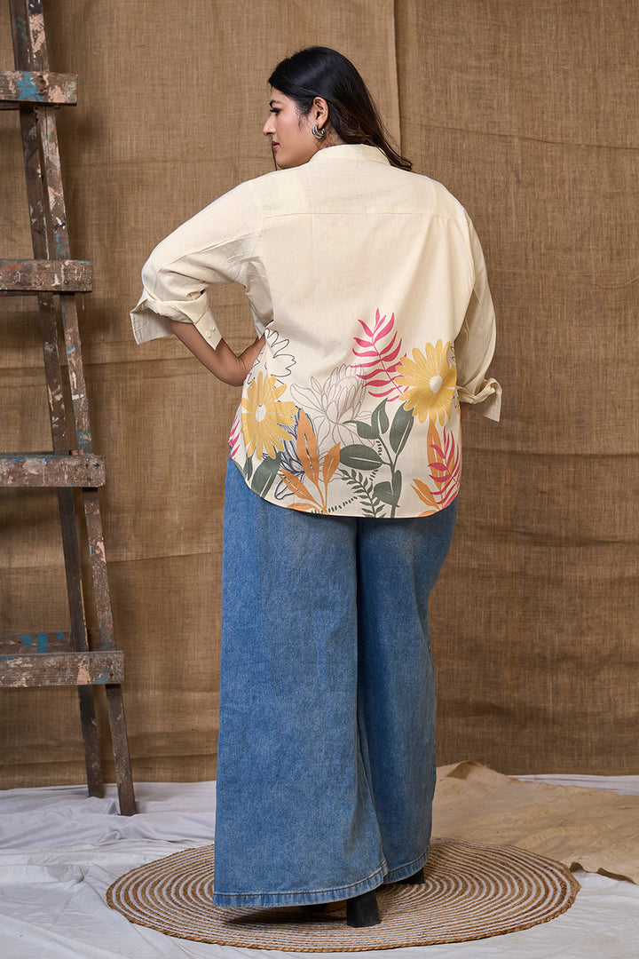 White stylish long Floral Shirt With Back Side Design