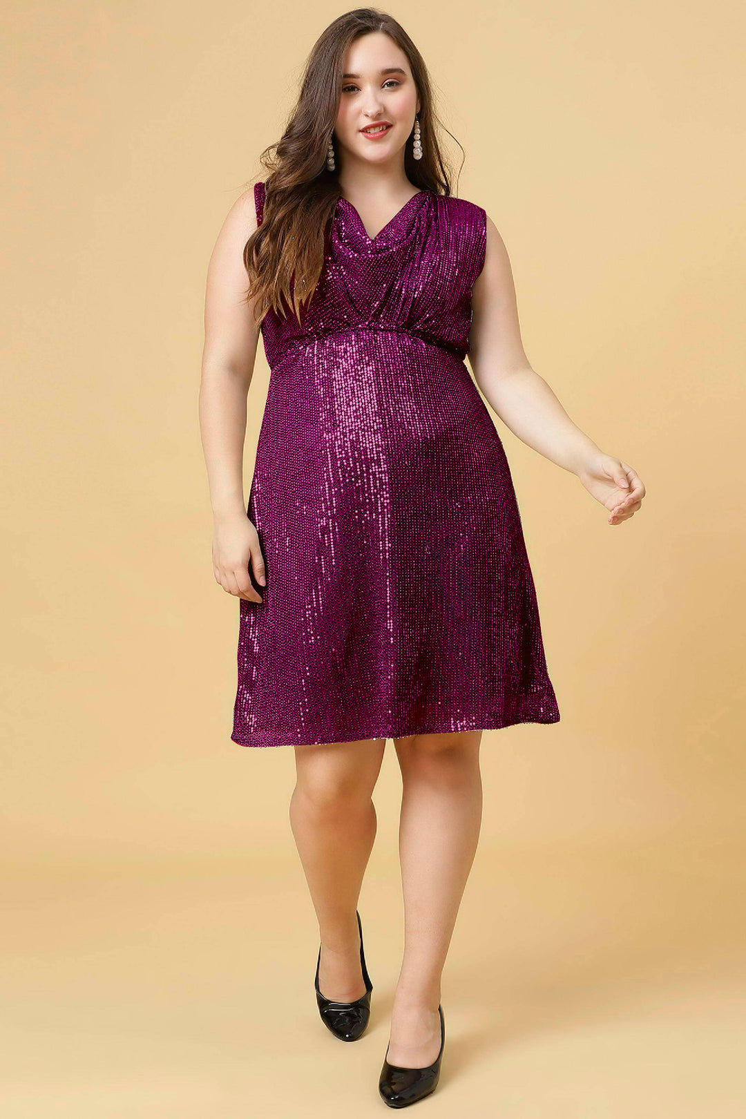 Wine Sequin Cpwl Neck Party Wear Sexy Dress For Plus Size Women