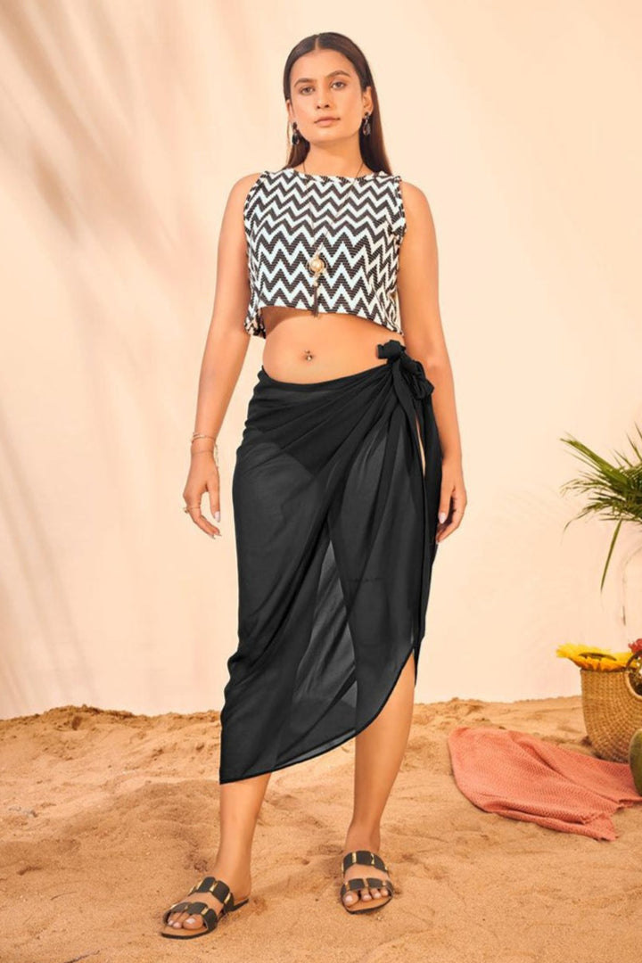 Zig Zag Pattern Crop Top with Swimwear Cover Up Sarong Set