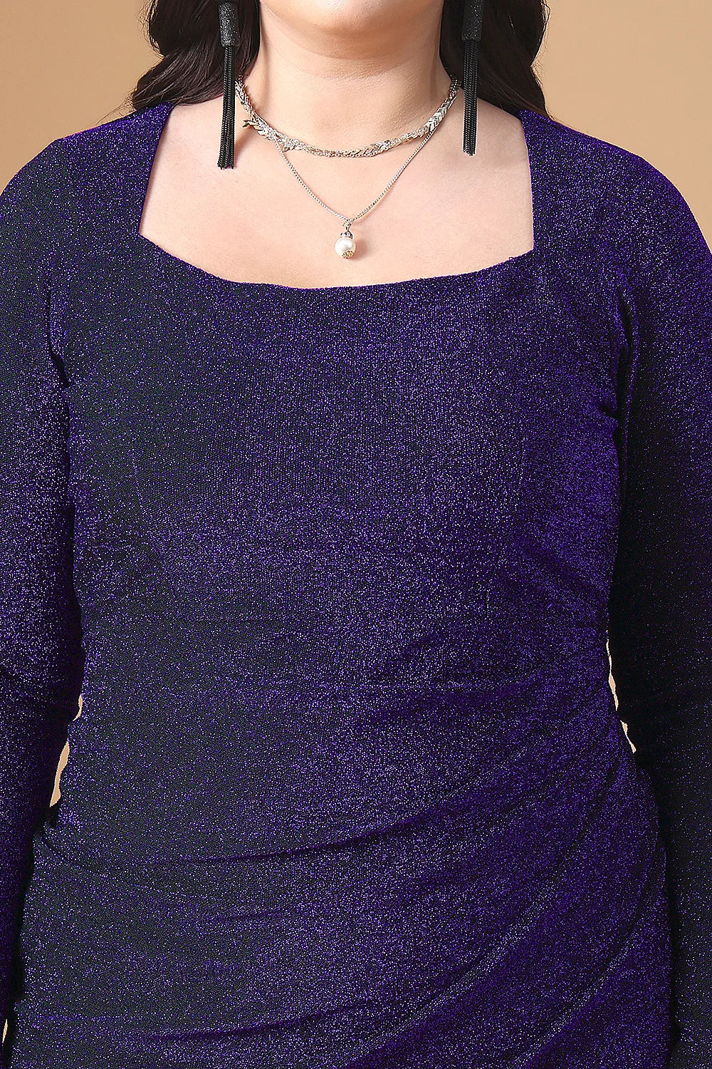 Pleated Long Sleeve Dress For Plus Size