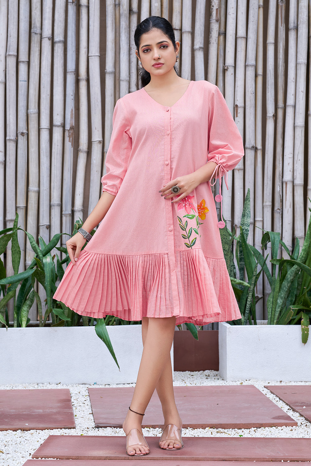 Jade Green Cotton Hand Painted V-Neck Dress