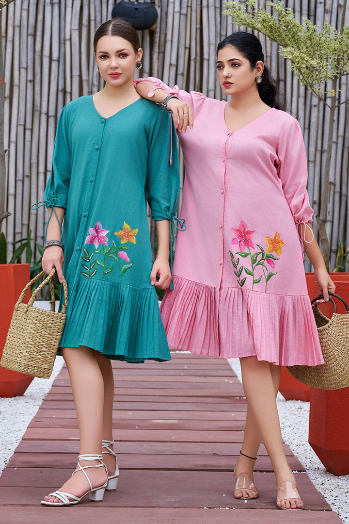 Jade Green Cotton Hand Painted V-Neck Dress