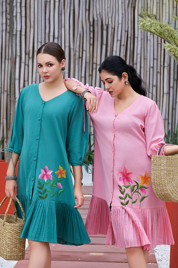 Jade Green Cotton Hand Painted V-Neck Dress