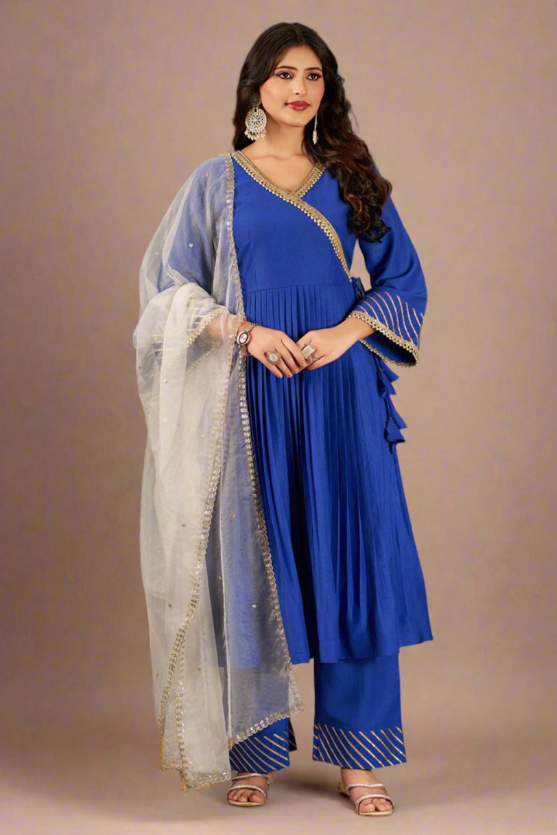 Azure Blue Art Silk Anarkali Kurta Set with Trousers and Dupatta