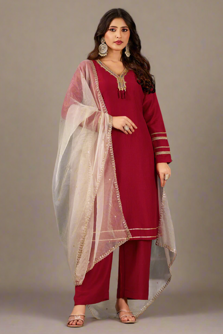 Maroon Straight Fit V-Neck Kurta Set with Trousers and Dupatta