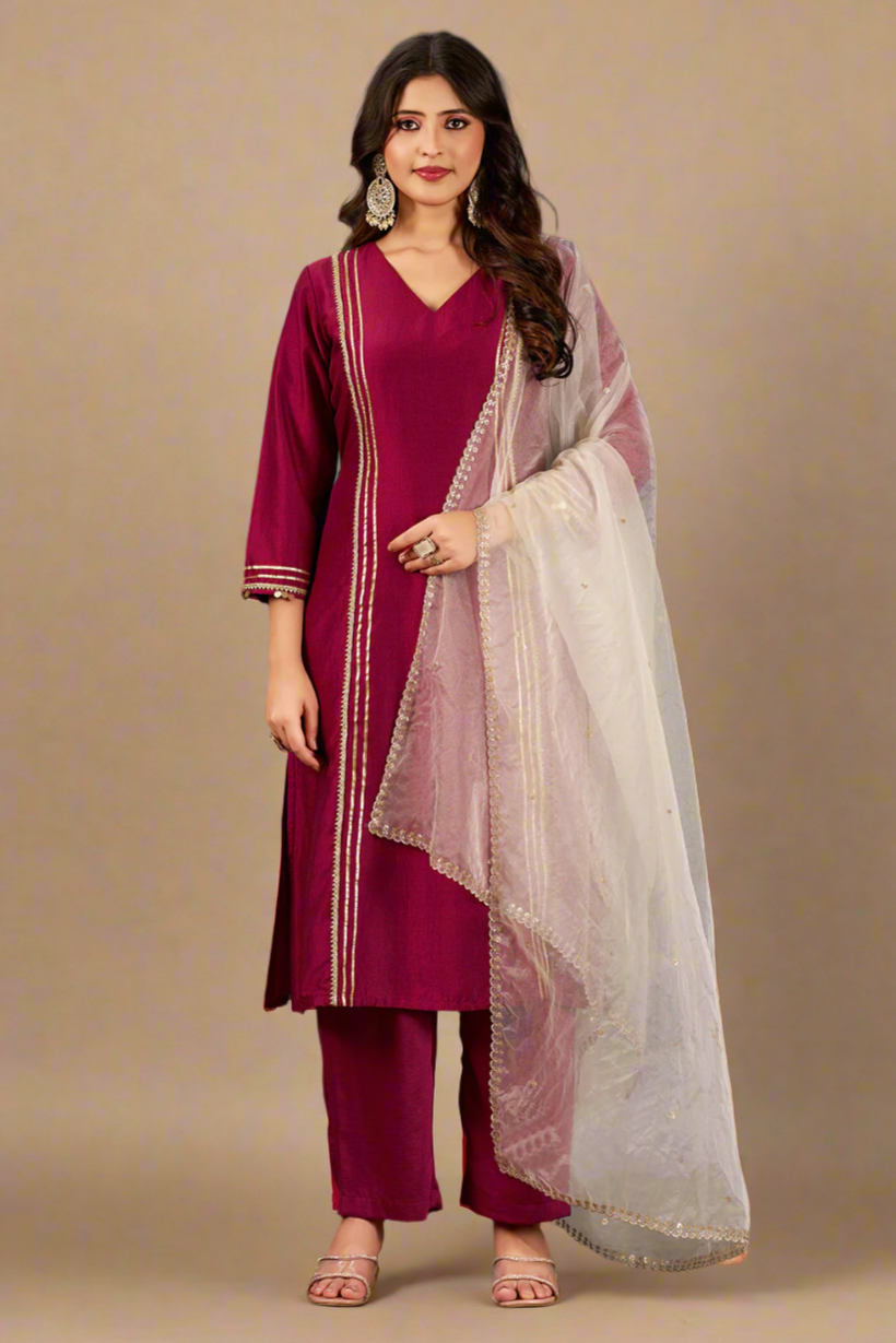 Wine Pink Straight Fit V-Neck Kurta Set with Trousers and Dupatta