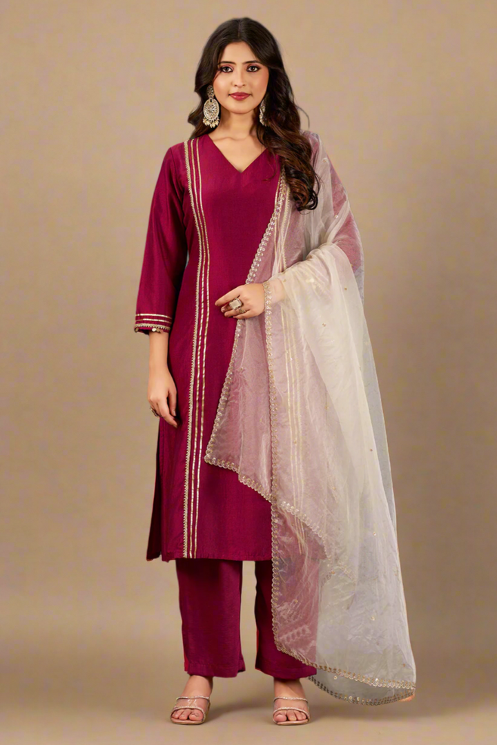 Wine Pink Straight Fit V-Neck Kurta Set with Trousers and Dupatta