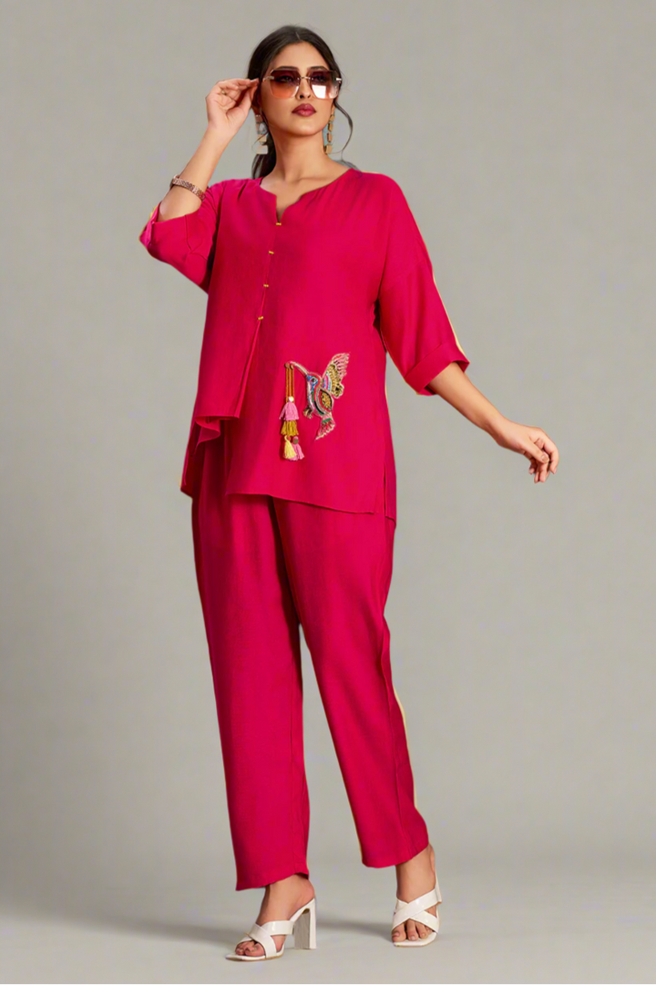Hot Pink Silk Cotton Round V-Neck Co-Ord Set