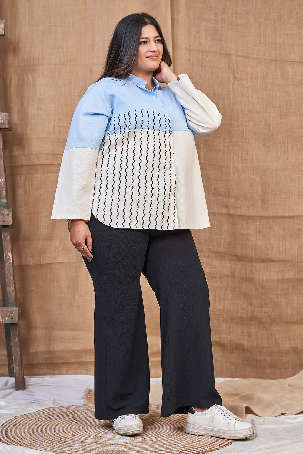 Blue & white cotton full sleeve shirt for women