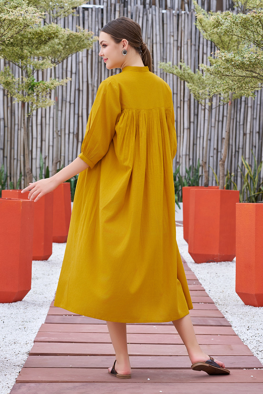 Curvylane's Mustard Yellow Calf-length Dress With Handwork