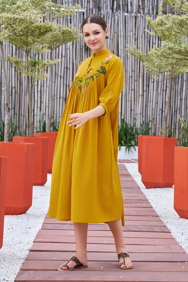 Curvylane's Mustard Yellow Calf-length Dress With Handwork