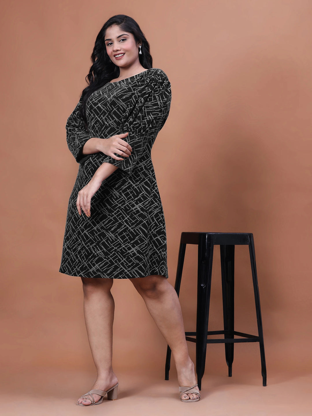 Plus Size Party Wear A-Line Geometric Lycra Dress
