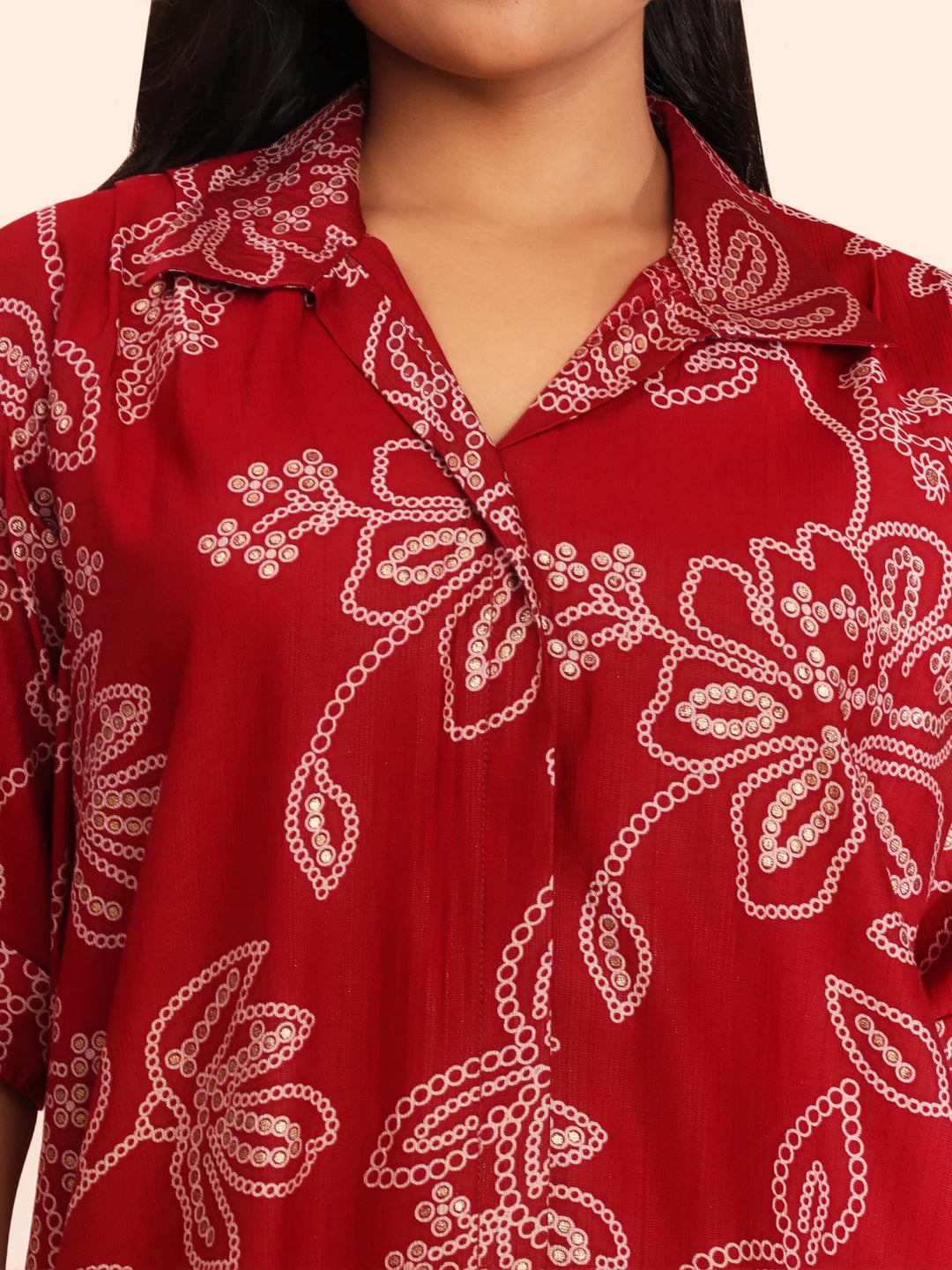 Maroon bandhani top design with collar