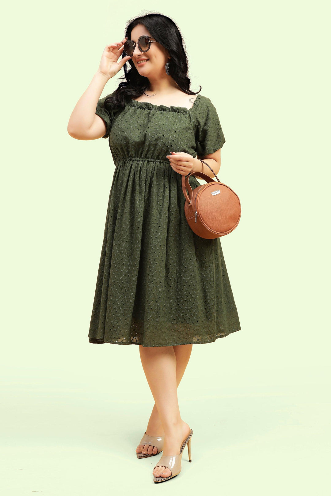 Curvy Lane Women Plus Size Raglan Puff Sleeves Flared Schiffli Dress - Curvy Lane