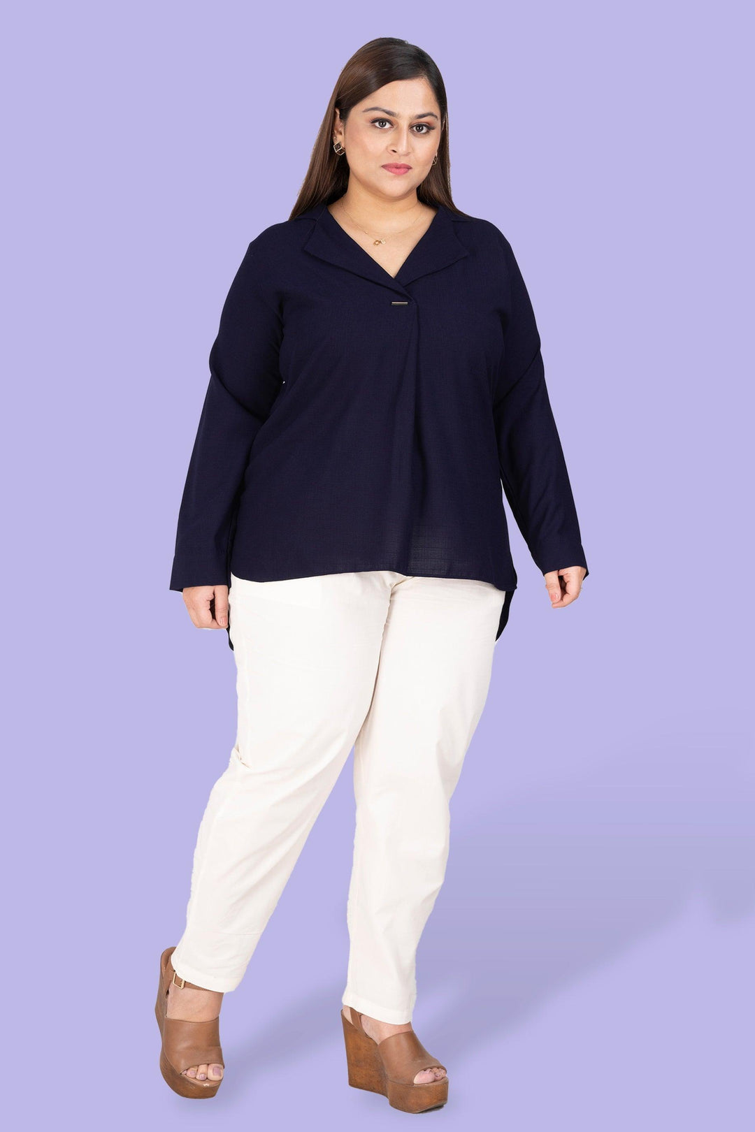 Curvy Lane Women Plus Size Notch Collar High Low Top