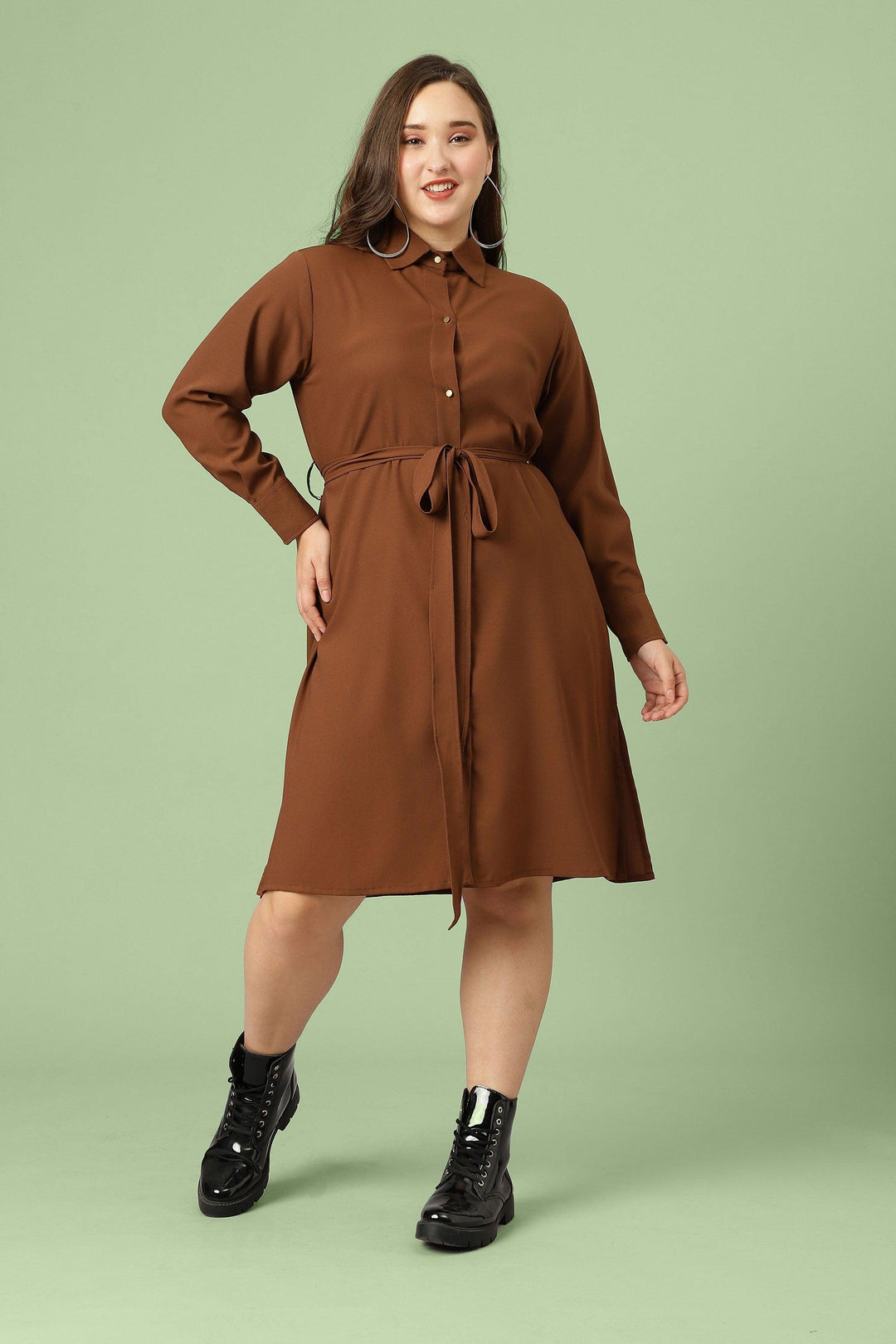Curvy Lane Women Plus Size Shirt Collar Long Dress With Fabric