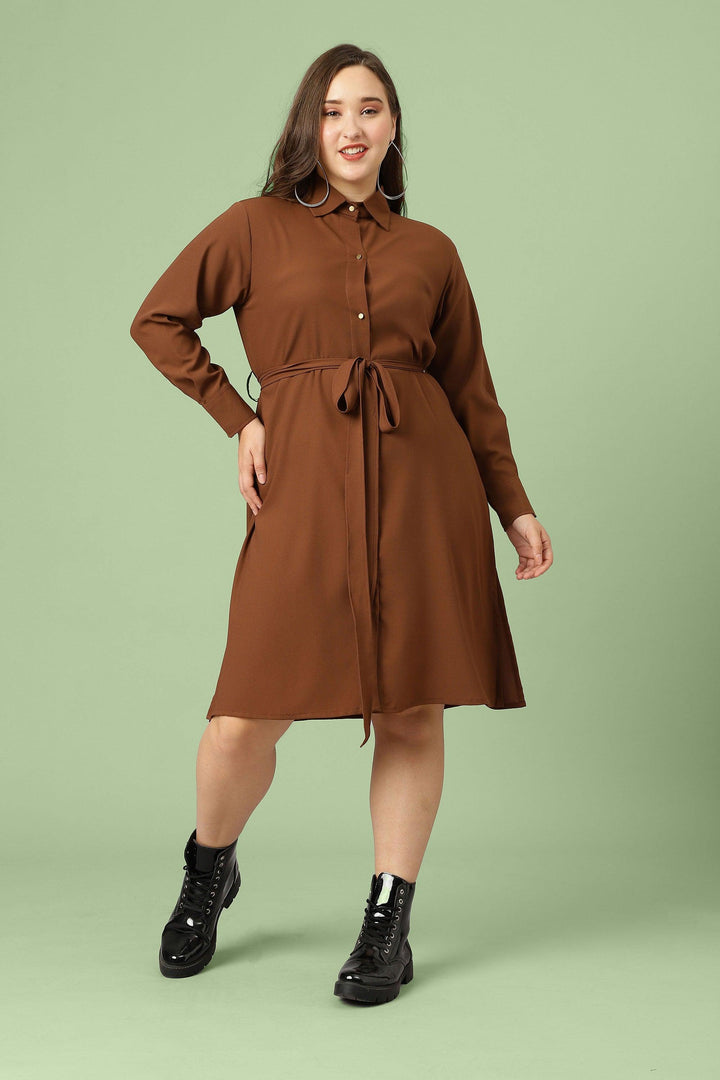 Curvy Lane Women Plus Size Shirt Collar Long Dress With Fabric