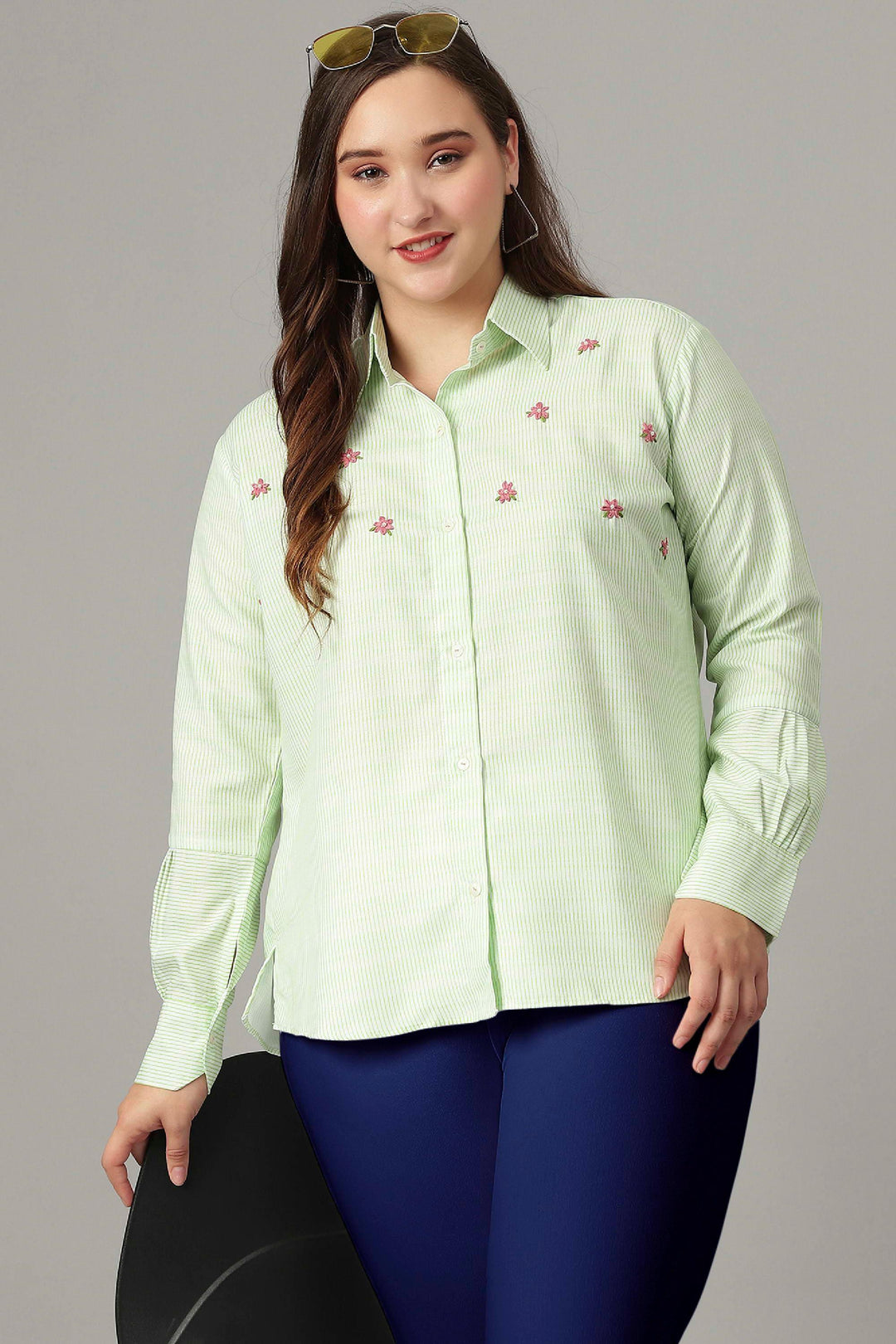 Stylish pista green striped top with long cuff sleeves for a trendy women's wardrobe.