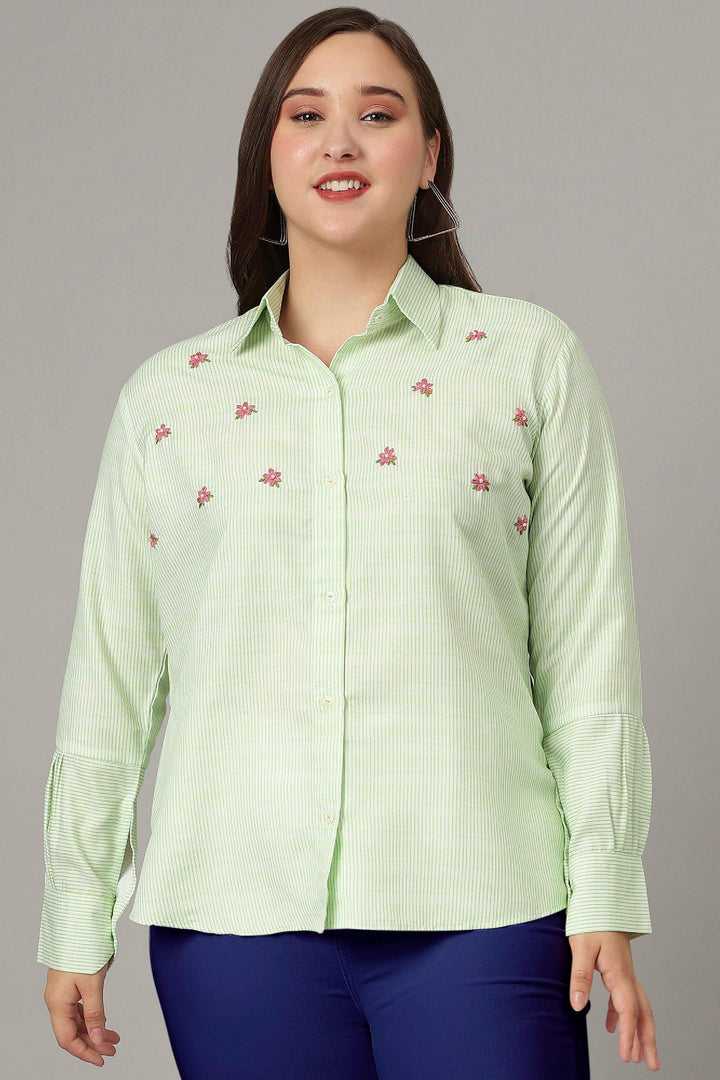 Stylish pista green striped top with long cuff sleeves for a trendy women's wardrobe.