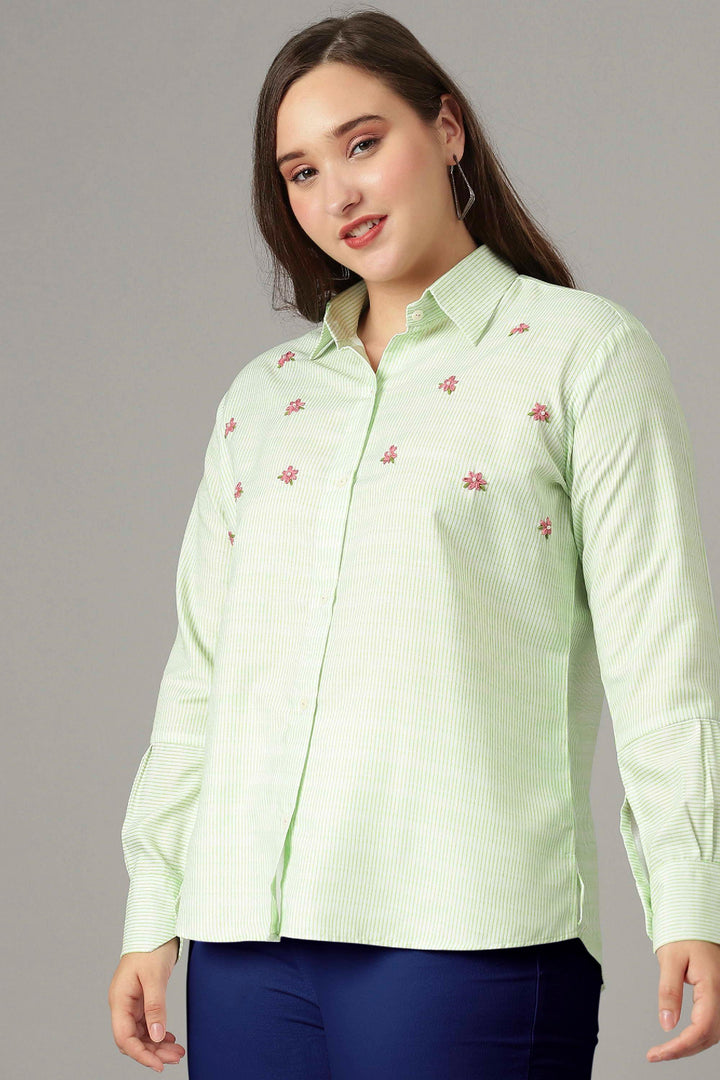 Stylish pista green striped top with long cuff sleeves for a trendy women's wardrobe.