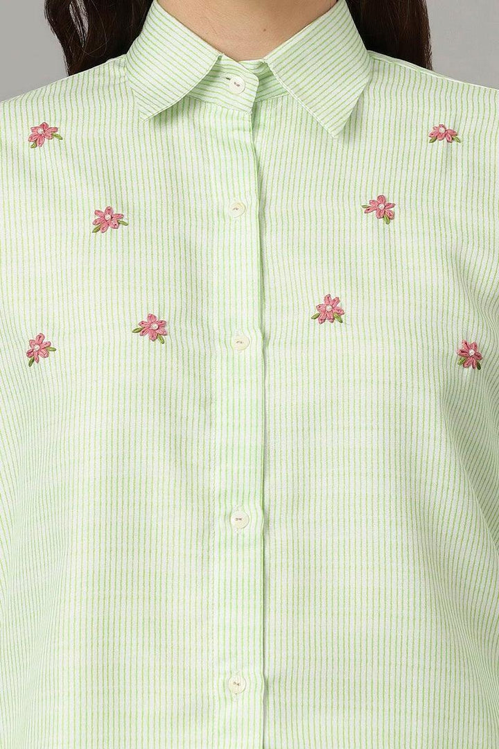 Stylish pista green striped top with long cuff sleeves for a trendy women's wardrobe.