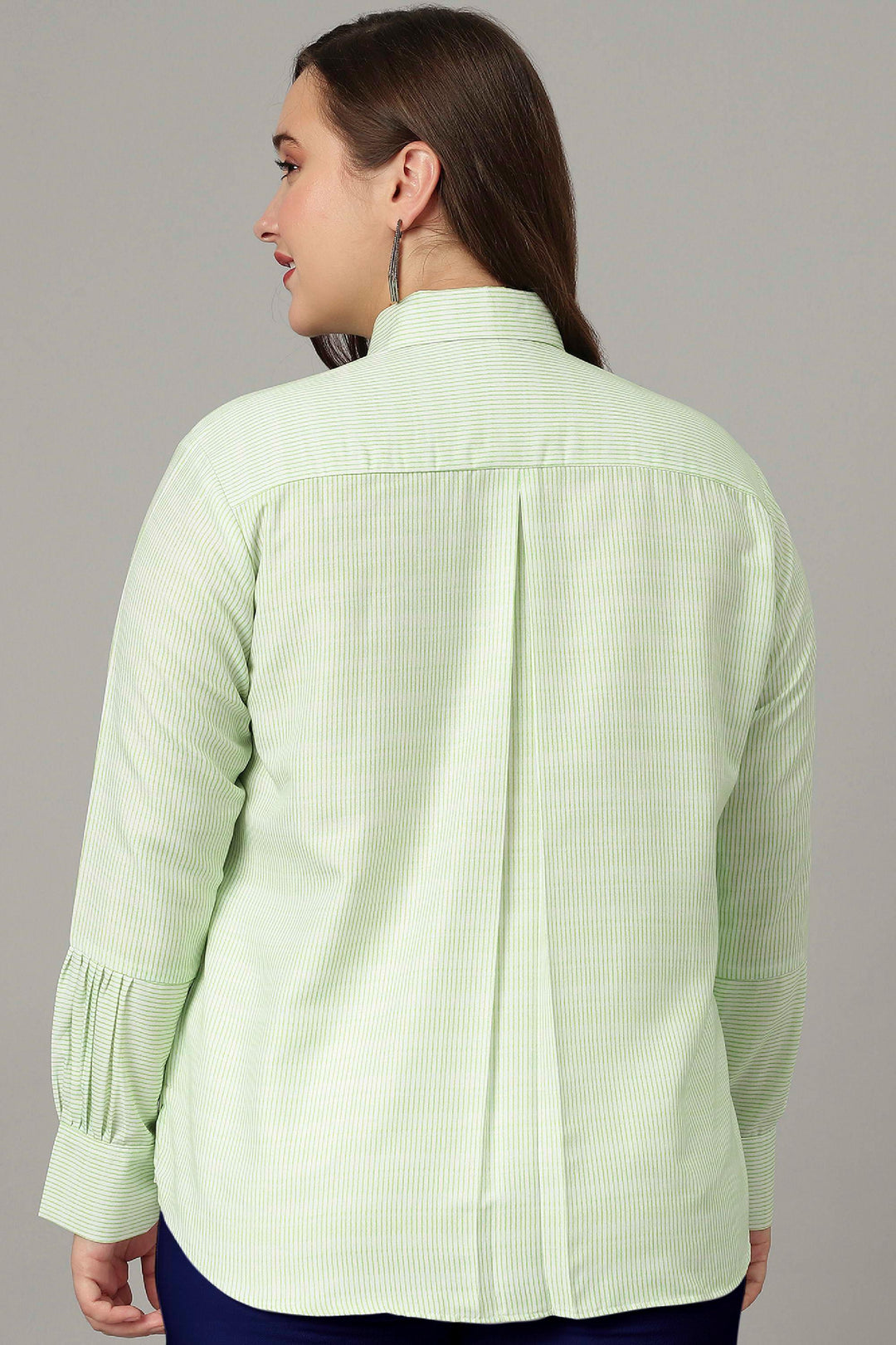 Stylish pista green striped top with long cuff sleeves for a trendy women's wardrobe.