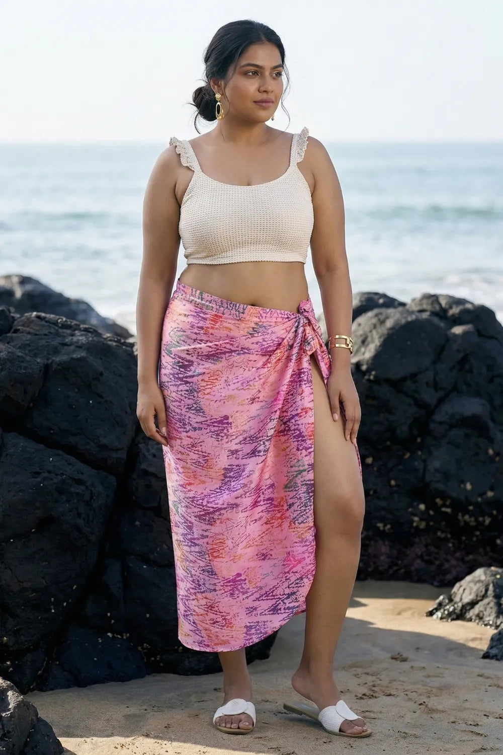 Pretty pink bikini coverup sarong with an off-white top