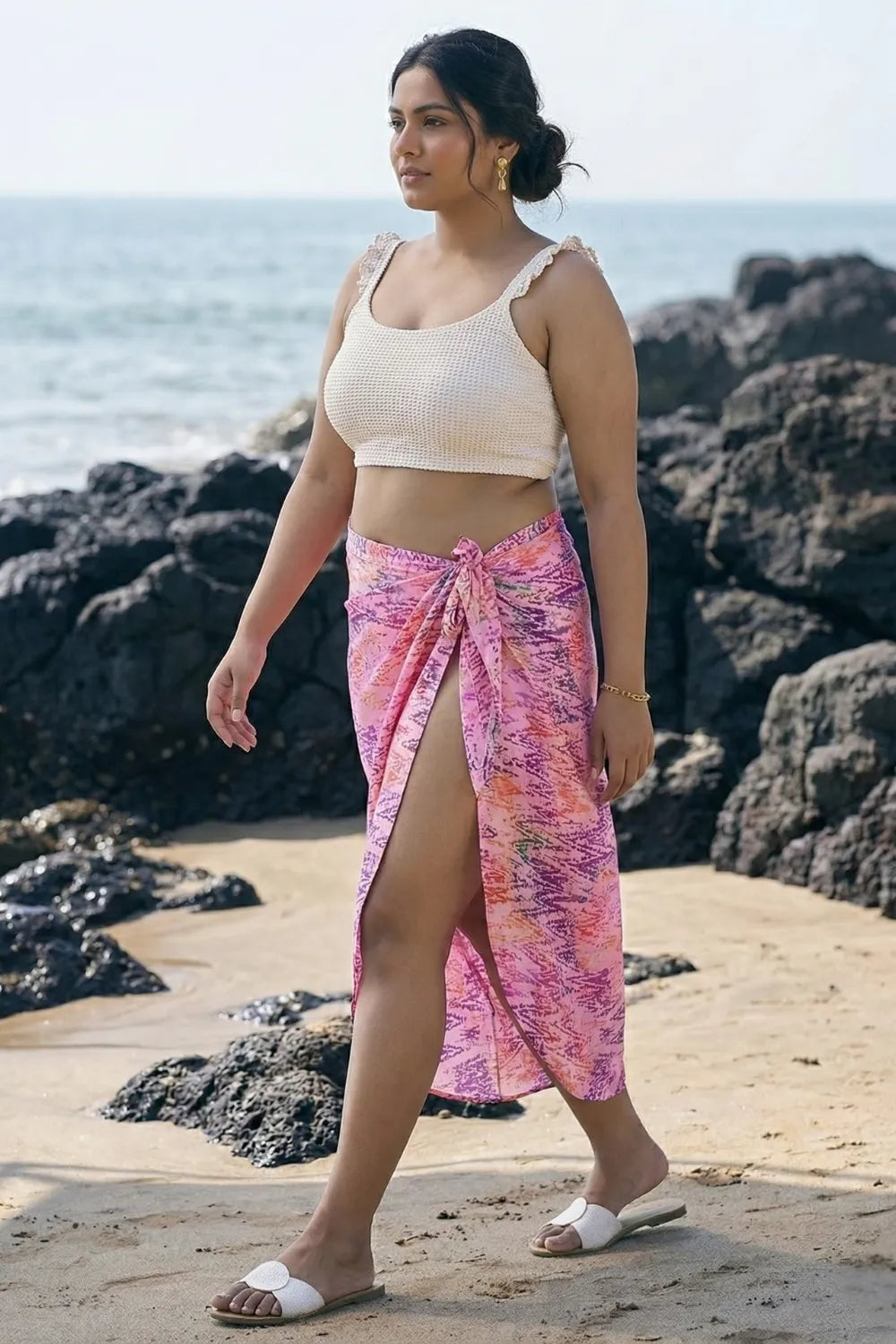 Pretty pink bikini coverup sarong with an off-white top