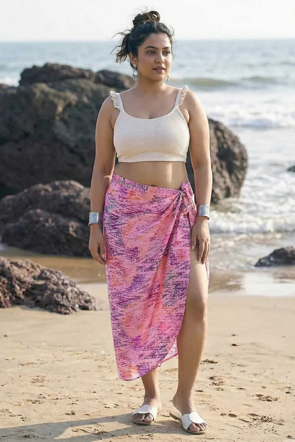 Pretty pink bikini coverup sarong with an off-white top