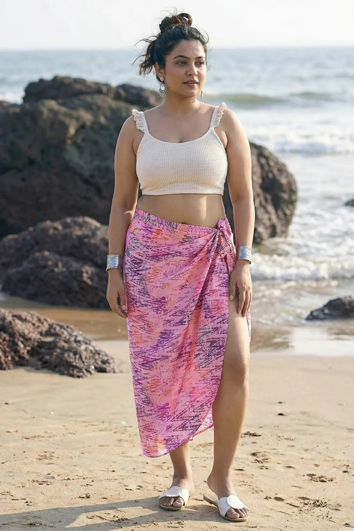 Pretty pink bikini coverup sarong with an off-white top