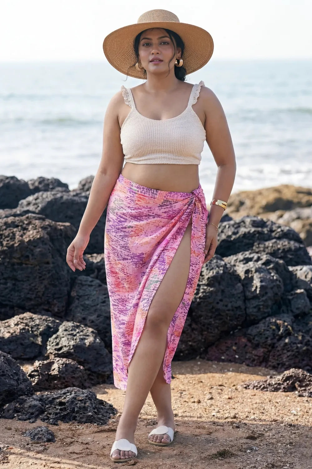 Pretty pink bikini coverup sarong with an off-white top