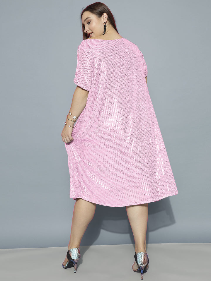 Pink Boat Neck Sequins Dress with Slit Sleeves