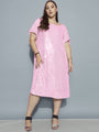 Pink Boat Neck Sequins Dress with Slit Sleeves