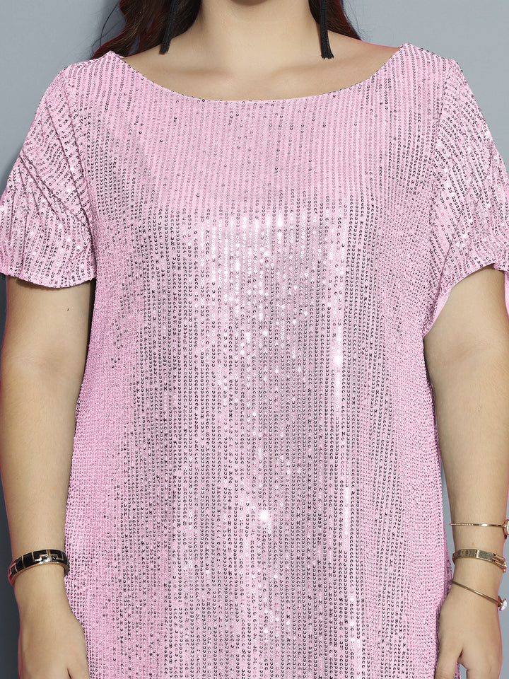Pink Boat Neck Sequins Dress with Slit Sleeves