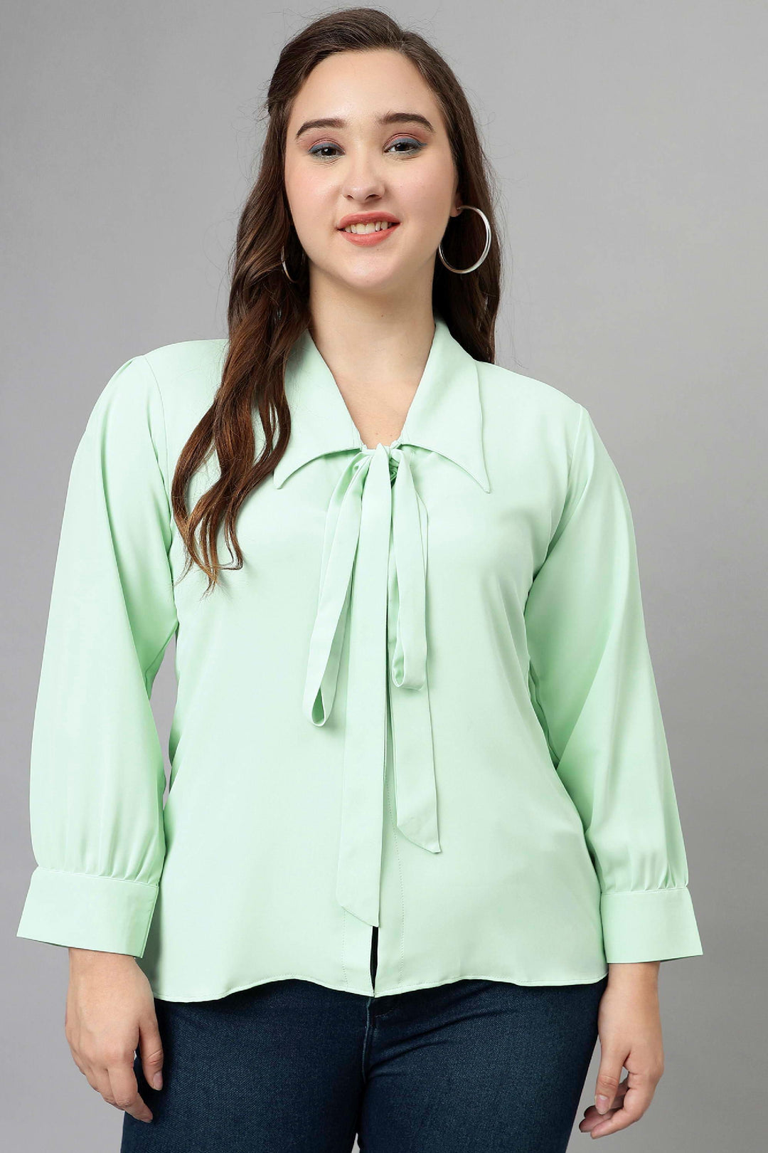 Curvy Lane Women Plus Size Shirt Collar Tie Top With Bishop Sleeves - Curvy Lane