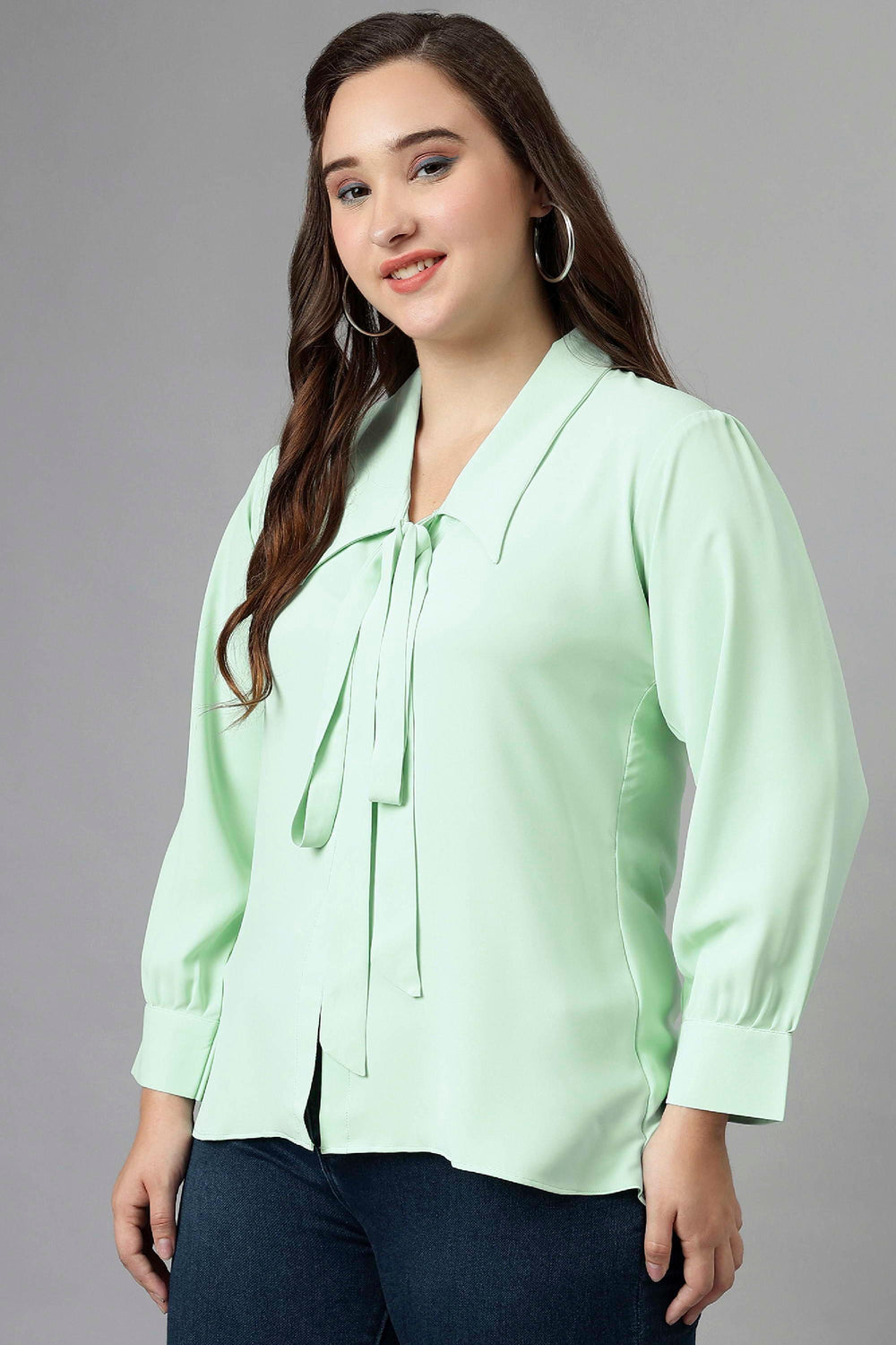 Curvy Lane Women Plus Size Shirt Collar Tie Top With Bishop Sleeves - Curvy Lane