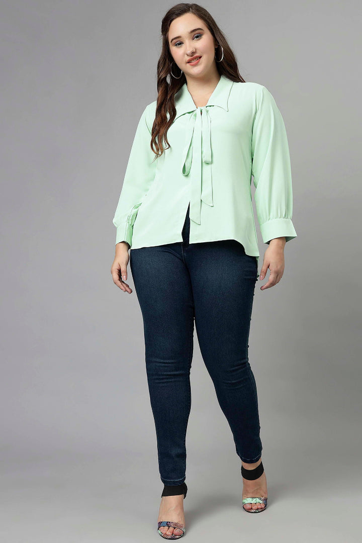 Curvy Lane Women Plus Size Shirt Collar Tie Top With Bishop Sleeves - Curvy Lane