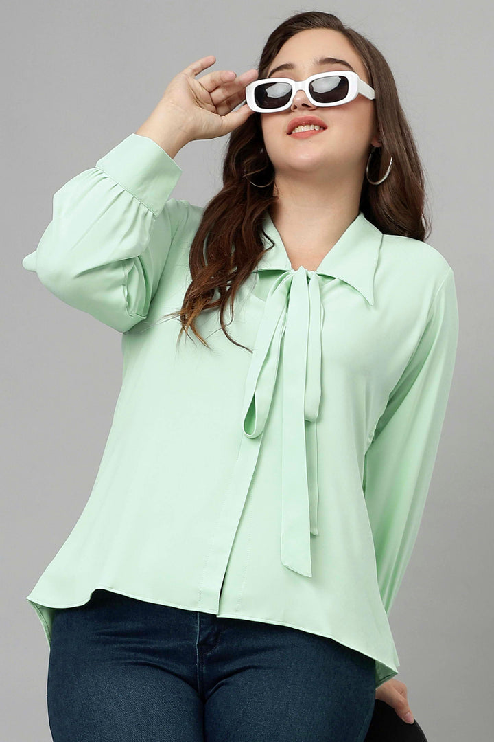 Curvy Lane Women Plus Size Shirt Collar Tie Top With Bishop Sleeves - Curvy Lane