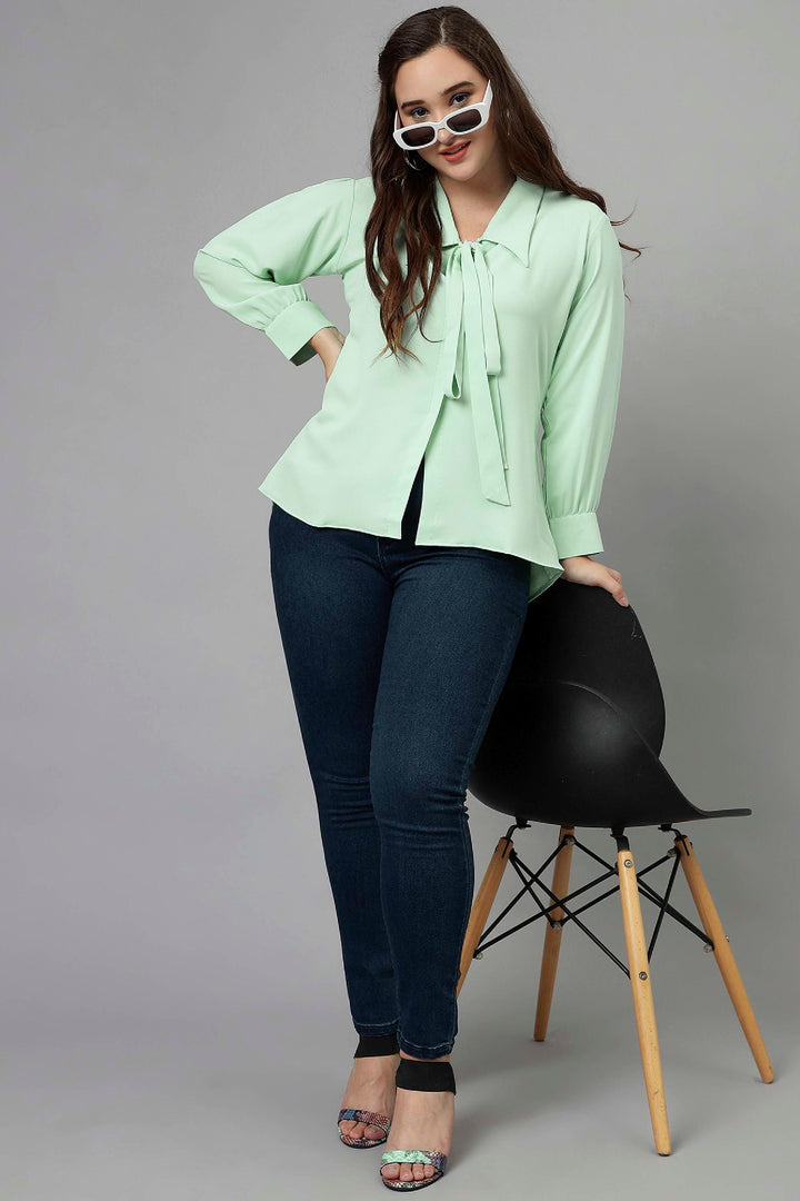 Curvy Lane Women Plus Size Shirt Collar Tie Top With Bishop Sleeves - Curvy Lane