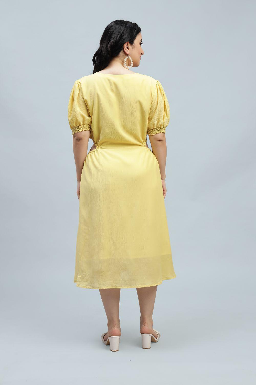 Yellow A-line one-piece dress designed for plus-size women. Ideal for a kitty party, evening soiree, or as a heartfelt birthday gift.