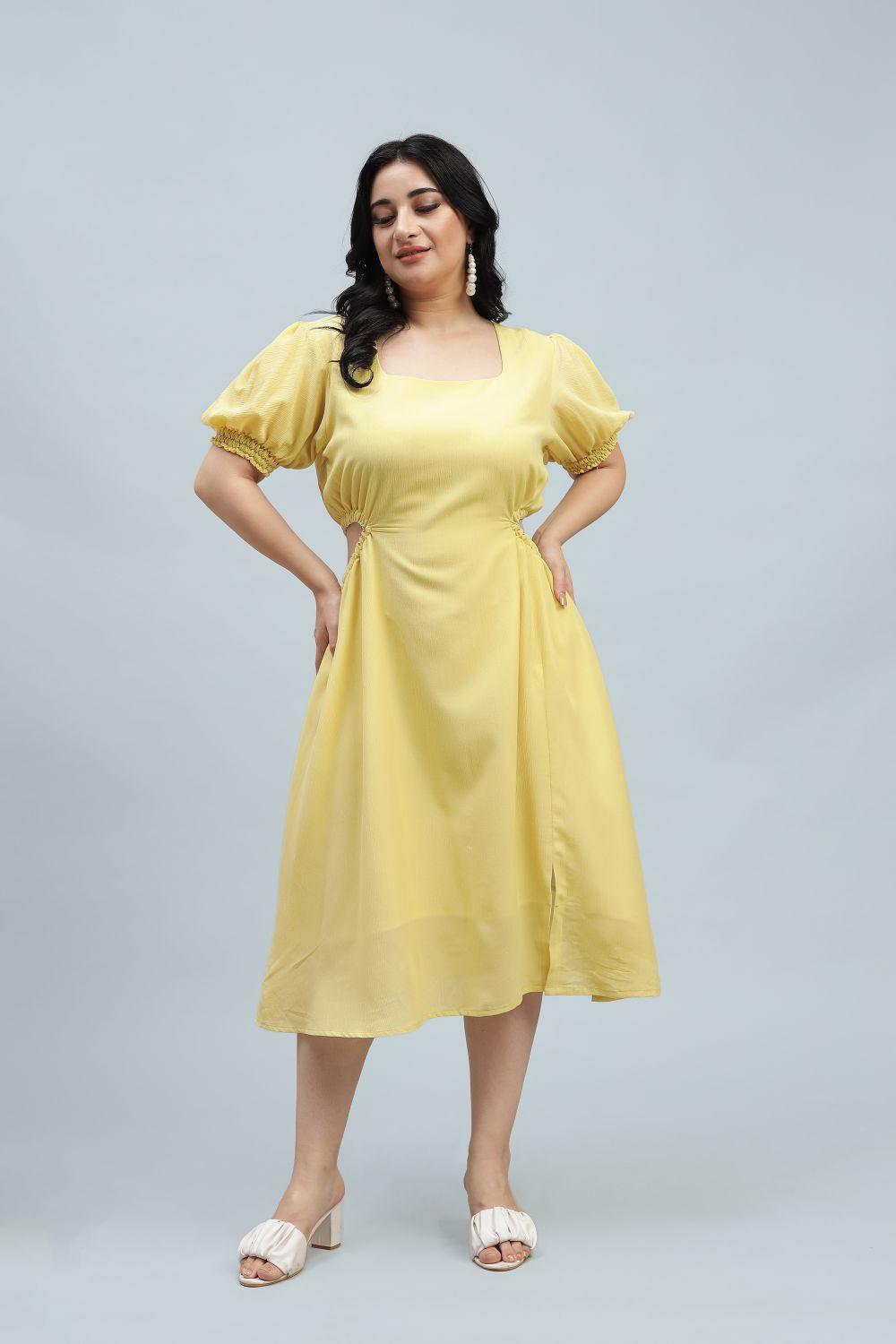 Yellow A-line one-piece dress designed for plus-size women. Ideal for a kitty party, evening soiree, or as a heartfelt birthday gift.