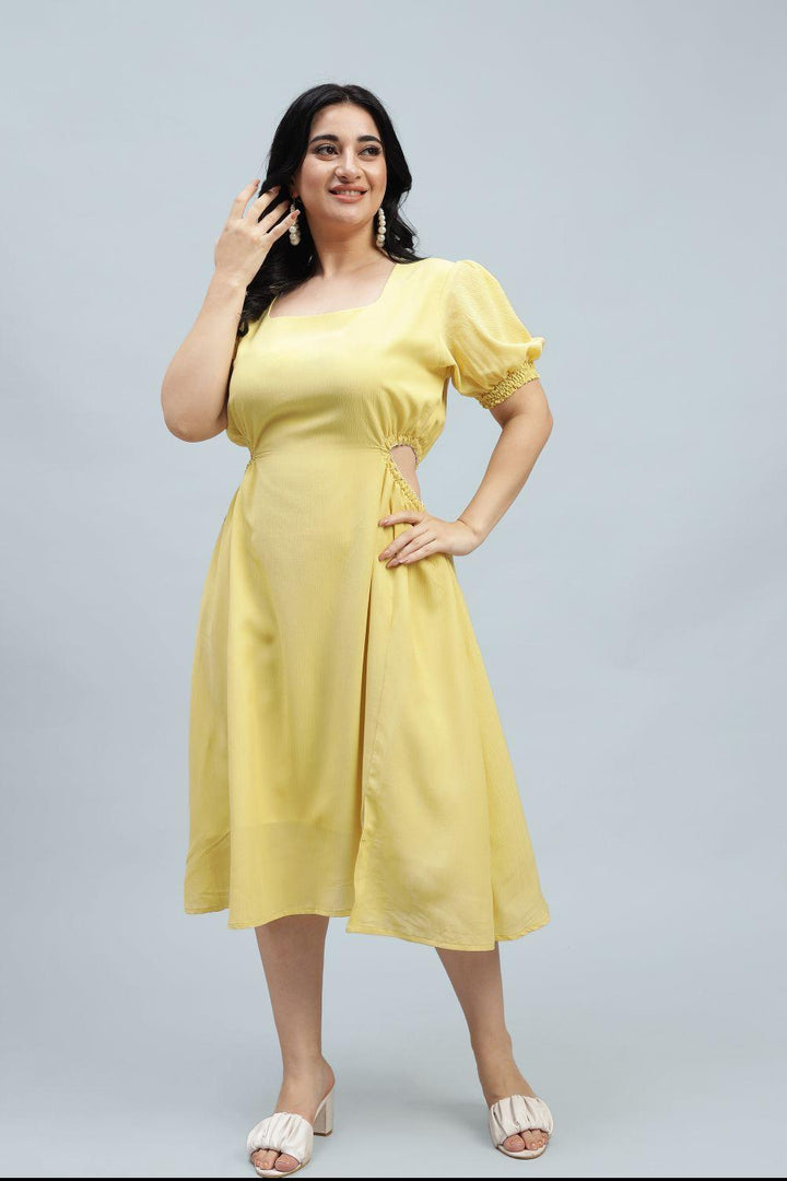 Yellow A-line one-piece dress designed for plus-size women. Ideal for a kitty party, evening soiree, or as a heartfelt birthday gift.