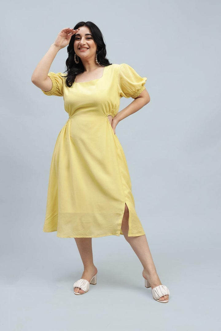 Yellow A-line one-piece dress designed for plus-size women. Ideal for a kitty party, evening soiree, or as a heartfelt birthday gift.