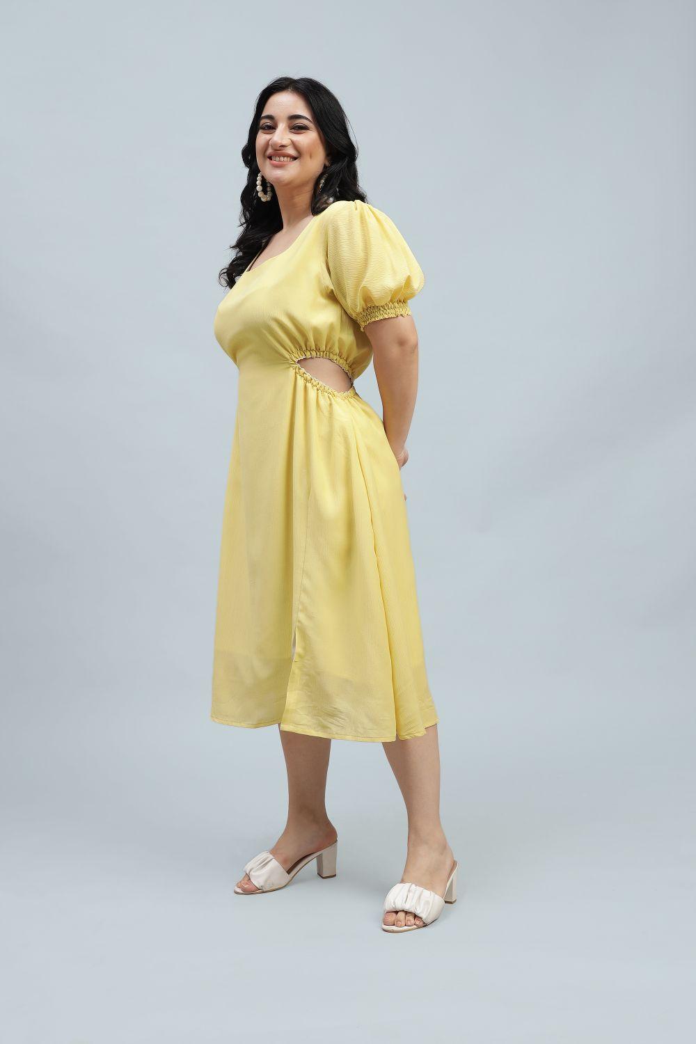 Yellow A-line one-piece dress designed for plus-size women. Ideal for a kitty party, evening soiree, or as a heartfelt birthday gift.