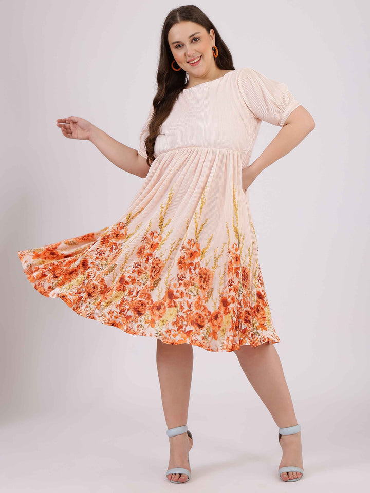 Peach Floral Print Fit and Flare Dress